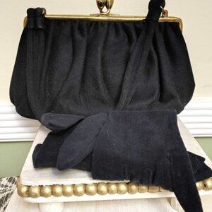 Ingber vintage purse, black vintage purse, matched felt opera gloves, felt like